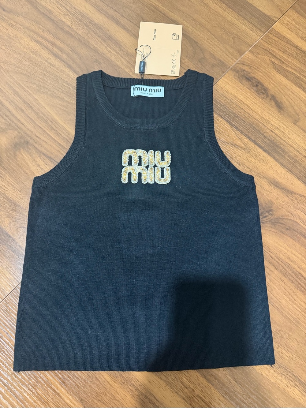 Miu Miu Black Tank Top with Gold Embellished Logo